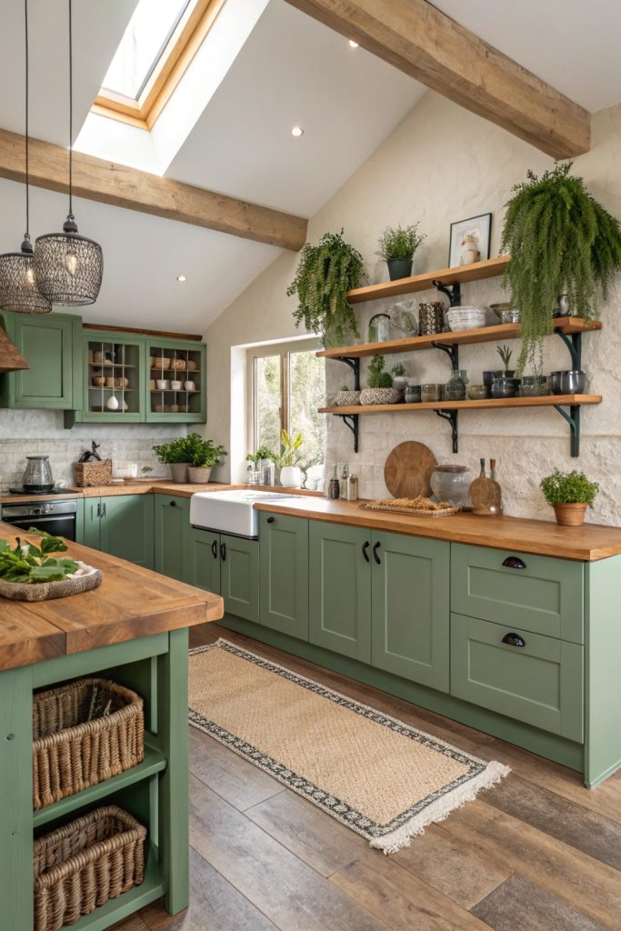 Green Cabinets with Natural Wood Elements: Harmonious Blend