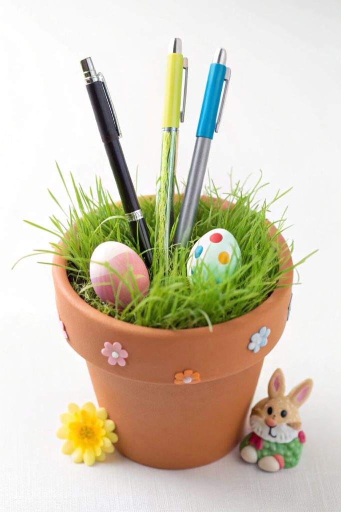 Flower Pot Pen Holder with Easter Grass