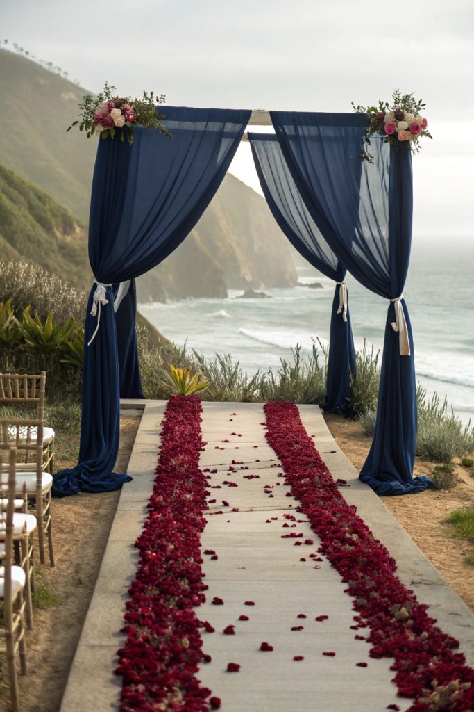 Navy Chiffon with Burgundy Rose Petals